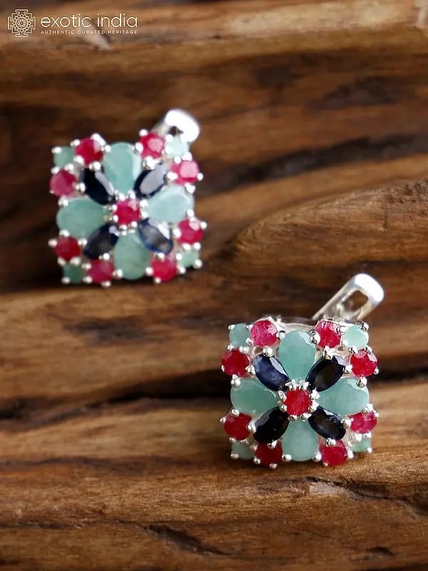 Rhomboid Sterling Silver Earrings with Sapphire, Ruby and Emerald (1 of 3)