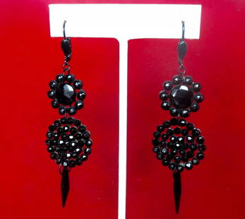 Pair of Antique Victorian 3 1/2-Inch French Jet (black glass) Earrings: Title:Pair of Antique Victorian 3 1/2-Inch French Jet (black glass) Earrings Description:Pair of Victorian Era French Jet (black glass) 3 1/2-Inch Earrings Circa. 1890 European Super brilliant french