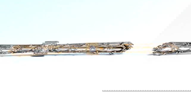 .05ct Natural Diamond Gold Pin Edwardian Deco Vintage: Vintage Gold Brooch Pin .05ct natural round diamonds H-color Vs-2 Clarity 2.25 inch long Handmade 14kt Gold 2.7 Grams. Reserve: $240.00 Shipping: Domestic: Free shipping to anywhere within the cont