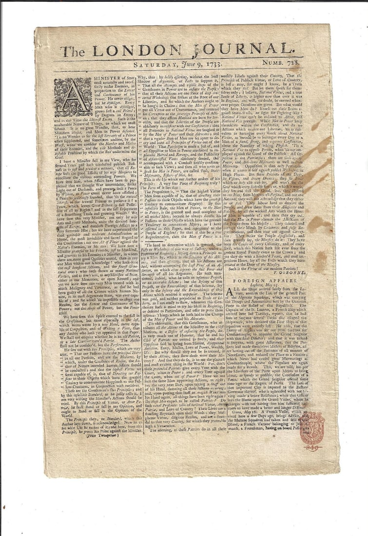1733 The London Journal Politics and Plague: A rare copy of The London Journal for June 9, 1733, printed for J. Peele four pages complete, small folio. Red tax stamp. Interestig content including political discussions front page and on the plagu