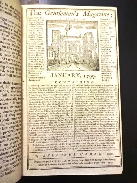 1799 Volume Gentlemans Magazine Lord Nelson: The January through June, 1799 of The Gentleman's Magazine printed at London by John Nichols and published by Sylvanus Urban. 544 pages followed by Index and all plates as called for. Historical contn
