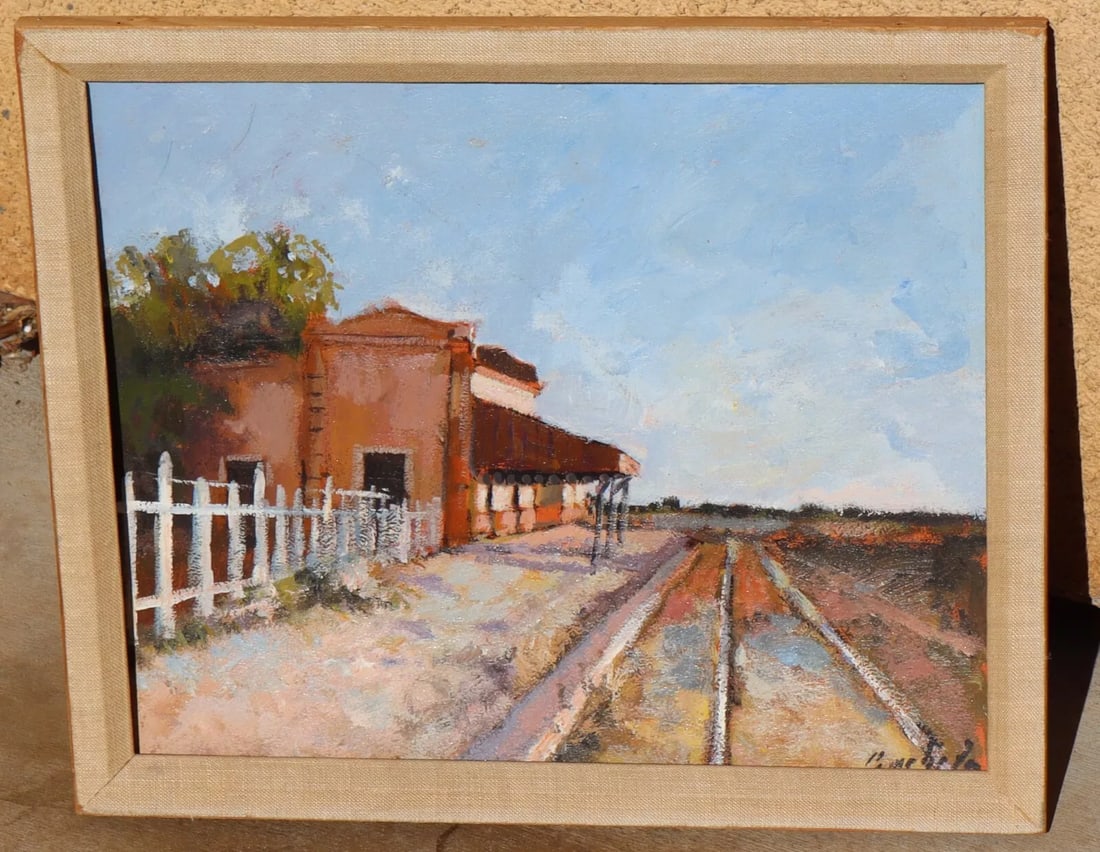 JORGE BARBOZA Argentinian Artist Abandoned Station oil painting COA: JORGE BARBOZA (Argentinian born 1970). Abandoned Station, 2006, 11-1/4" x 13-3/4" oil on cardboard (liner size: 12-1/2" x 15-1/4") signed lower right. COA on the back. The piece is in a worn dirty lin
