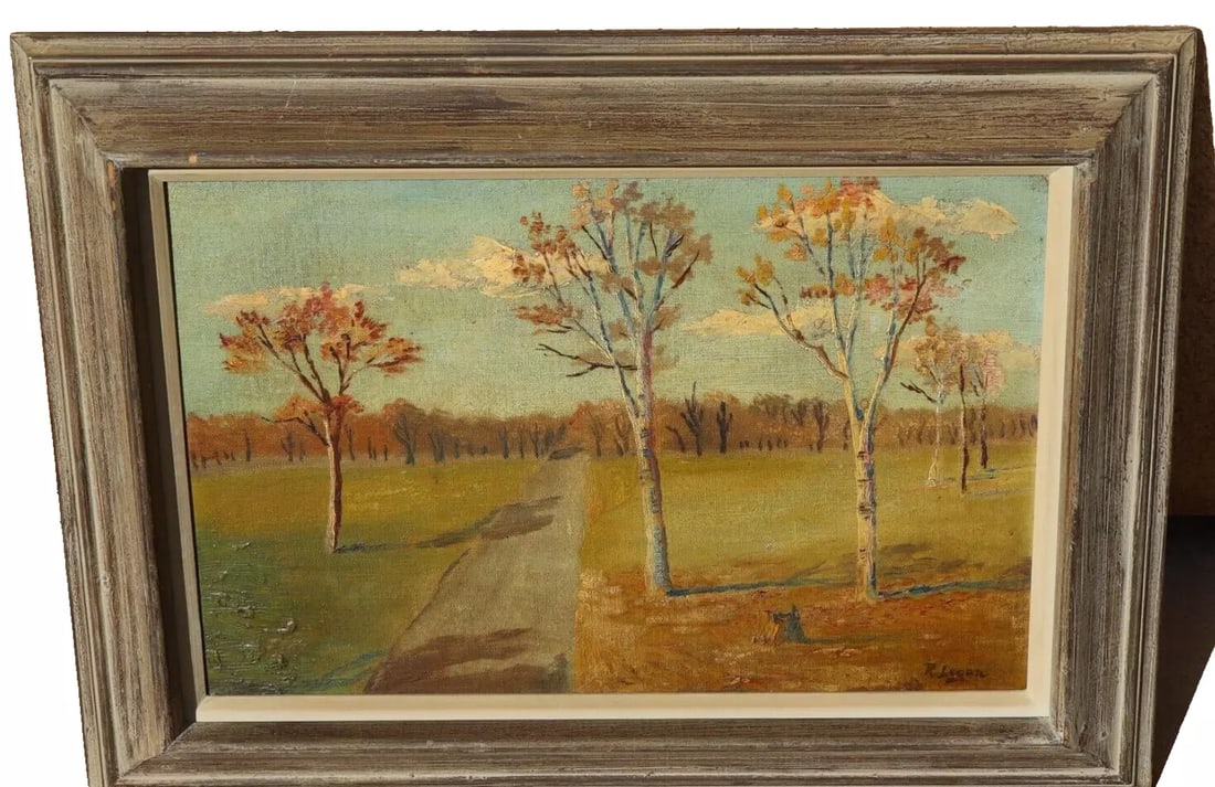 ROBERT HENRY LOGAN Important American Impressionist Autumn Trees by a Road oil: ROBERT HENRY LOGAN (1875-1942). Important Early 20th Century American Impressionist that studied with noted teachers such as Frank Benson, Edmund Tarbell, Robert Henri and others.. Autumn Trees by a R