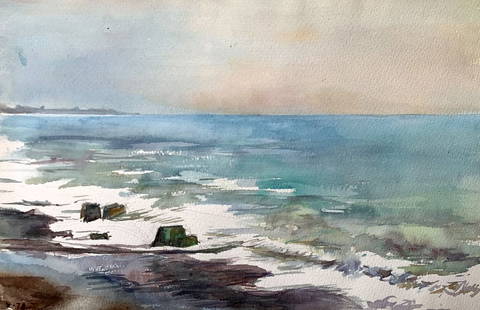Watercolor painting Sea silence Unknown artist: №AAA3519 The watercolor painting titled "Sea Silence" is a serene and evocative depiction of the tranquil beauty of the sea. With its soft, muted tones and delicate brushwork, the artwork captur