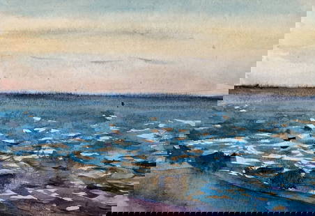Watercolor painting With a view of the sea Unknown artist: №AAA3522 The watercolor painting titled "With a View of the Sea" portrays a tranquil and serene seascape that captures the boundless beauty and calmness of the ocean. The artist’s gentle b