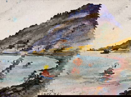 Watercolor painting Swimming in the sea Unknown artist: №AAA3525 The watercolor painting titled "Swimming in the Sea" captures a lively and sunlit seaside scene where people are enjoying the natural beauty of the coast. The composition skillfully com