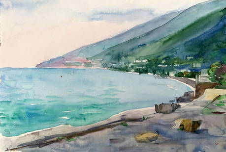 Watercolor painting Big mountains Unknown artist: №AAA3530 The watercolor painting titled "Big Mountains" beautifully portrays a serene coastal landscape dominated by towering green mountains that gently slope into the tranquil sea. The composi