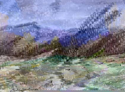 Watercolor painting Rain in the Carpathians V. Mishurovsky: &#8470;188 "Rain in the Carpathians" by Viktor Myshurovsky is a tranquil and atmospheric depiction of a rainy day in the Carpathian Mountains. The painting captures the serene beauty of the landscape