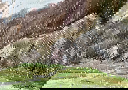 Watercolor painting It was raining above V. Mishurovsky: &#8470;197 "It Was Raining Above" by Viktor Myshurovsky is a captivating watercolor painting that captures the essence of a rainy day in a natural landscape. The painting features a lush green meadow