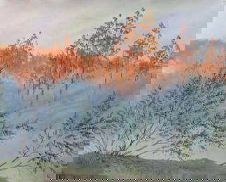 Watercolor painting Morning with fog Kalebets Valery