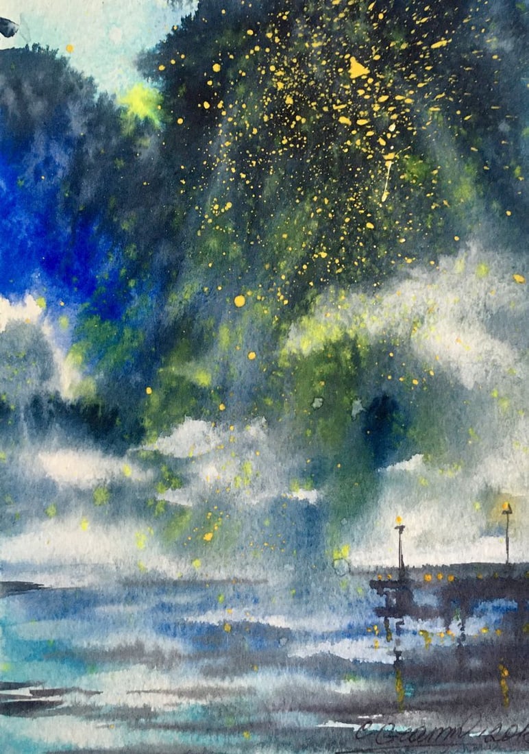 Watercolor painting Holiday Svetlana Gramm: №AAA2662 In this stunning watercolor painting, the foreground features a vibrant sea of ferries gracefully floating atop shimmering waves. The brilliant hues of blue and green reflect the tranqu