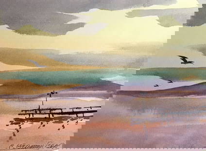 Watercolor painting Sunrise Svetlana Gramm: №AAA2667 The watercolor painting depicts a serene early morning scene at the seaside during summertime. In the foreground, the vast sea with its shimmering waves takes center stage, creating a s