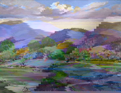 Usik Stepan (Ukrainian artist), "Above Uzh river", oil on canvas: ARTIST: Usik Stepan Grigorovich, Ukrainian artist TITLE: "Above Uzh river" SIZE: 55 x 70 cm, (21 3/4 x 27 2/4 in.) MEDIUM: oil on canvas YEAR OF CREATION: 1978 CONDITION: The painting is in good vinta