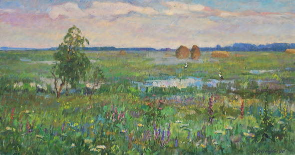 Lysenko Ivan (Ukrainian artist), "Storks in the swamp", oil on canvas: ARTIST: Lysenko Ivan Pavlovich, Ukrainian artist TITLE: "Storks in the swamp" SIZE: 80 x 150 cm, (31 2/4 x 59 in.) MEDIUM: oil on canvas YEAR OF CREATION: 1990 CONDITION: The painting is in