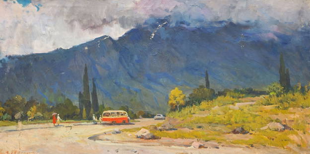 Boldyrev Volodymyr (Ukrainian artist), "Crimean landscape", oil on canvas: ARTIST: Boldyrev Volodymyr Stepanovich, Ukrainian artist TITLE: "Crimean landscape" SIZE: 70 x 137 cm, (27 2/4 x 54 in.) MEDIUM: oil on canvas YEAR OF CREATION: not dated CONDITION: The