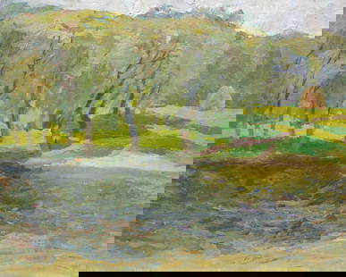 Mynka Olexandr (Ukrainian artist), "Summer lull. River", oil on cardboard: ARTIST: Mynka Olexandr Fedorovich, Ukrainian artist TITLE: "Summer lull. River" SIZE: 47 x 59 cm, (18 2/4 x 23 1/4 in.) MEDIUM: oil on cardboard YEAR OF CREATION: not dated CONDITION: The painting is