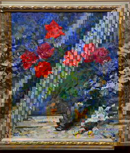 Yeremin Boris (Ukrainian artist), "Roses", oil on canvas: ARTIST: Yeremin Boris Oleksandrovich, Ukrainian artist TITLE: "Roses" SIZE: 90 x 75 cm, (35 2/4 x 29 2/4 in.) MEDIUM: oil on canvas YEAR OF CREATION: 2002 CONDITION: The painting is in good vintage co