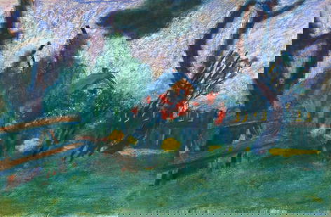 Lah Rostislav (Ukrainian artist), "Bench in the garden", tempera on paper: ARTIST: Lah Rostislav Ivanovich, Ukrainian artist TITLE: "Bench in the garden" SIZE: 32 x 49 cm, (12 2/4 x 19 1/4 in.) MEDIUM: tempera on paper YEAR OF CREATION: not dated CONDITION: The
