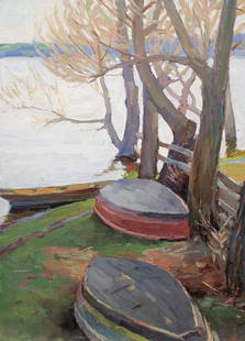 Vintenko Boris (Ukrainian artist), "Trees over the river", oil on cardboard: ARTIST: Vintenko Boris Mikhailovych, Ukrainian artist TITLE: "Trees over the river" SIZE: 69 x 50 cm, (27 1/4 x 19 3/4 in.) MEDIUM: oil on cardboard YEAR OF CREATION: 1969 CONDITION: The