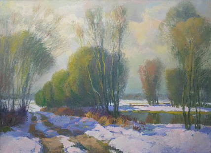 Mynka Olexandr (Ukrainian artist), "Obolonskaya winter", oil on canvas: ARTIST: Mynka Olexandr Fedorovich, Ukrainian artist TITLE: "Obolonskaya winter" SIZE: 80 x 110 cm, (31 2/4 x 43 1/4 in.) MEDIUM: oil on canvas YEAR OF CREATION: 1998 CONDITION: The painting is