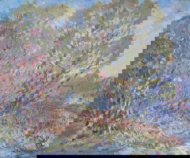 Berkuta Kommunar (Ukrainian artist), "At dawn", oil on cardboard: ARTIST: Berkuta Kommunar Savelievich, Ukrainian artist TITLE: "At dawn" SIZE: 54 x 65 cm, (21 1/4 x 25 2/4 in.) MEDIUM: oil on cardboard YEAR OF CREATION: 1974 CONDITION: The painting is in