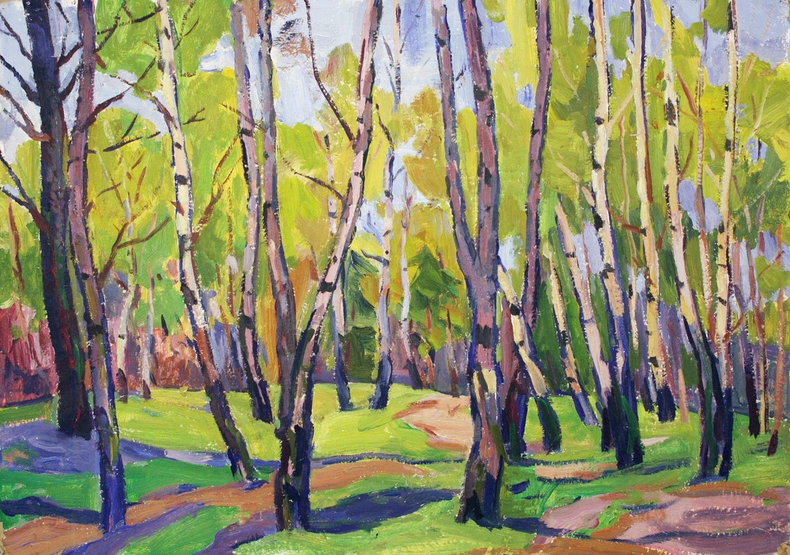 Skryabin Petro (Ukrainian artist), "Birch trees in the forest", oil on cardboard: ARTIST: Skryabin Petro Dmytrovich, Ukrainian artist TITLE: "Birch trees in the forest" SIZE: 50 x 70 cm, (19 3/4 x 27 2/4 in.) MEDIUM: oil on cardboard YEAR OF CREATION: not dated CONDITION: The paint