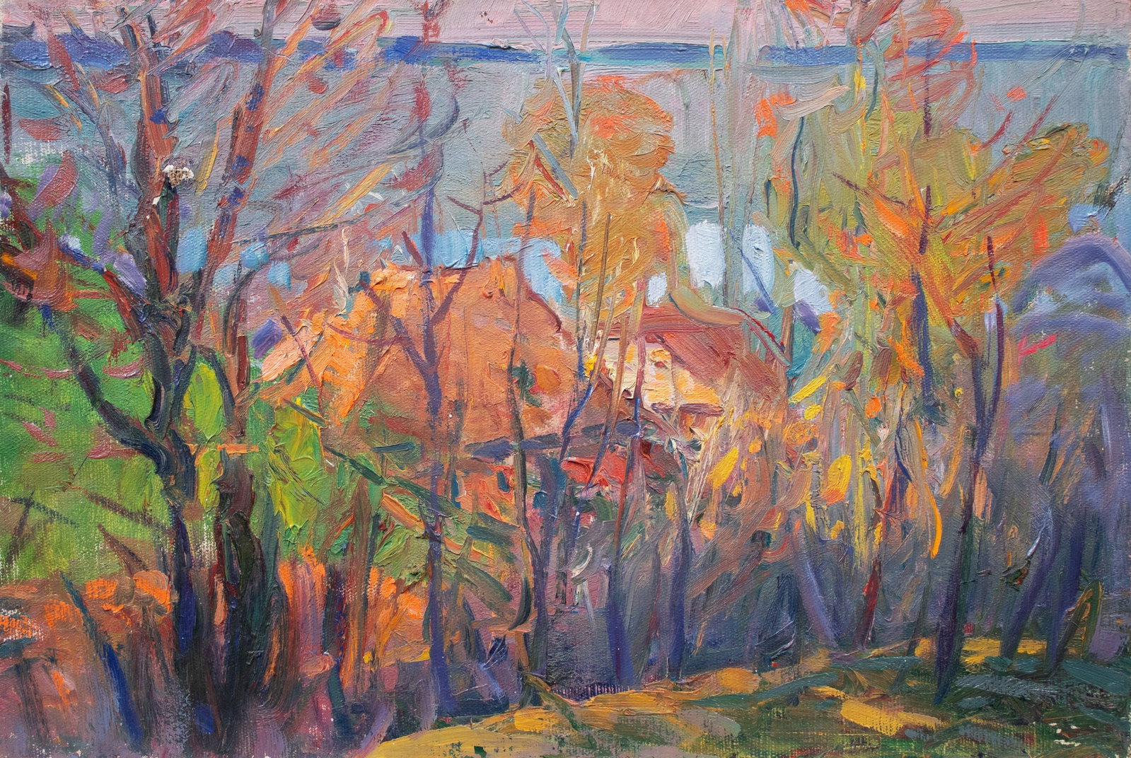 Tyukha Ivan (Ukrainian artist), "Autumn", oil on canvas: ARTIST: Tyukha Ivan Andriyovich, Ukrainian artist TITLE: "Autumn" SIZE: 33 x 49 cm, (13 x 19 1/4 in.) MEDIUM: oil on canvas YEAR OF CREATION: not dated CONDITION: The painting is in good vintage condi