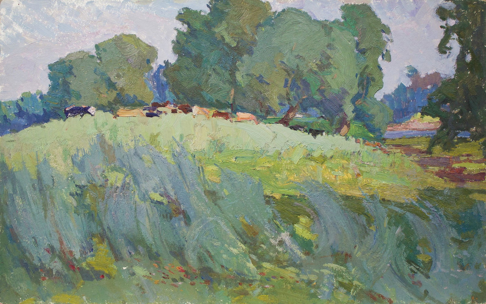 Sevastyanov Victor (Ukrainian artist), "Cows", oil on cardboard: ARTIST: Sevastyanov Victor Grigorovich, Ukrainian artist TITLE: "Cows" SIZE: 50 x 80 cm, (19 3/4 x 31 2/4 in.) MEDIUM: oil on cardboard YEAR OF CREATION: not dated CONDITION: The painting is in good v