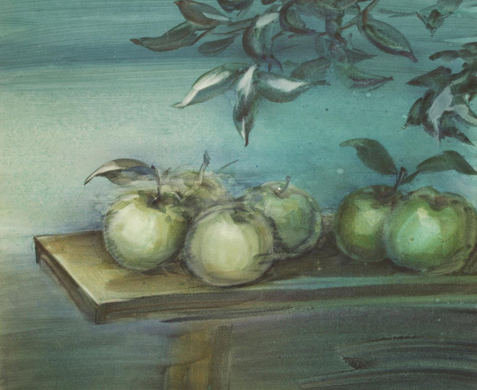 Mynka Olexandr (Ukrainian artist), "Apples", watercolor on paper: ARTIST: Mynka Olexandr Fedorovich, Ukrainian artist TITLE: "Apples" SIZE: 52 x 64 cm, (20 2/4 x 25 1/4 in.) MEDIUM: watercolor on paper YEAR OF CREATION: not dated CONDITION: The painting is in good v