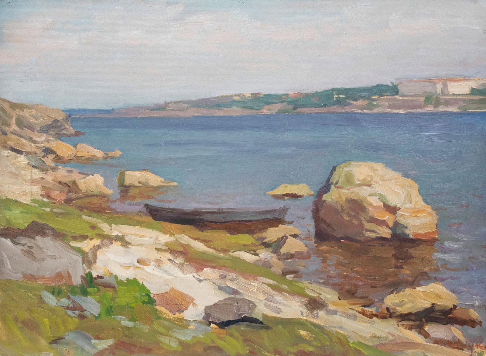 Gaiduk Viktor (Ukrainian artist), "The boat near the shore", oil on cardboard: ARTIST: Gaiduk Viktor Kyryllovych, Ukrainian artist TITLE: "The boat near the shore" SIZE: 41 x 56 cm, (16 1/4 x 22 in.) MEDIUM: oil on cardboard YEAR OF CREATION: not dated CONDITION: The painting is