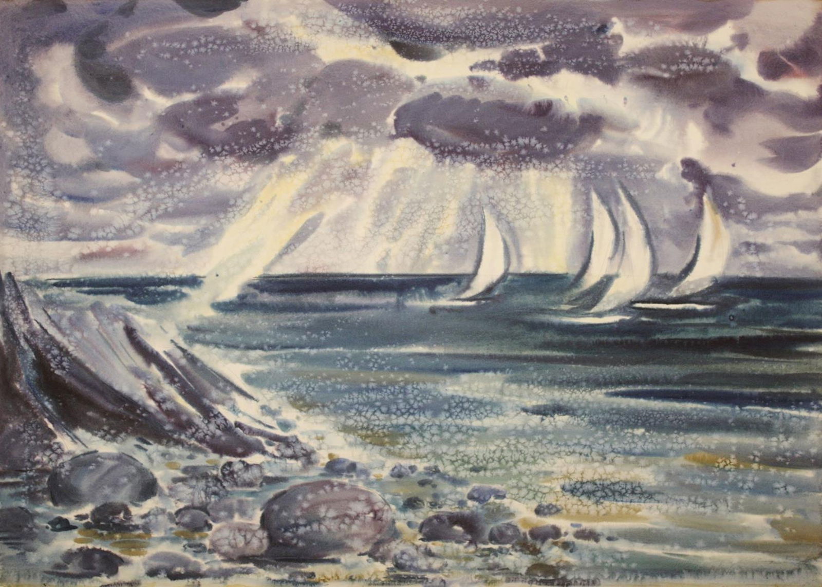 Mynka Olexandr (Ukrainian artist), "White sails", watercolor on paper: ARTIST: Mynka Olexandr Fedorovich, Ukrainian artist TITLE: "White sails" SIZE: 60 x 83 cm, (23 2/4 x 32 3/4 in.) MEDIUM: watercolor on paper YEAR OF CREATION: not dated CONDITION: The painting is in g