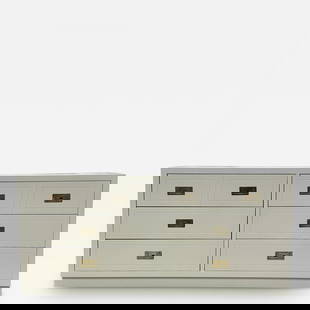 Mid-Century Modern White Campaign Dresser / Chest of Drawers, America, Brass: Description: Mid-Century Modern White Campaign Dresser / Chest of Drawers, America, Brass A fine example of campaign furniture done over in a white lacquered finish. The case having six drawers all