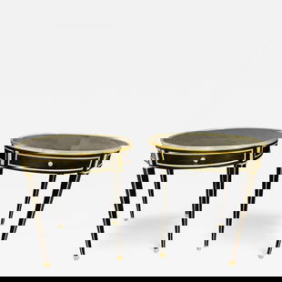 Hollywood Regency Ebony Bouillotte or End Tables, Manner Jansen Mirror Tops Pair: Description: A pair of Jansen style Louis XVI fashioned end or gueridon tables. Each having a bronze framed mirrored top sitting on a single drawer bronzed framed apron with cookie cutter corners. The