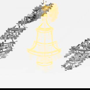Bronze and Crystal Pagoda Form Diminutive Chandelier: Description: Dimensions: More Information: Period: 1950-1979 Condition: Wear consistent with age and use. Styles / Movements: Regency, Traditional Dealer Reference #: 101-3438 Incollect Reference #: 6