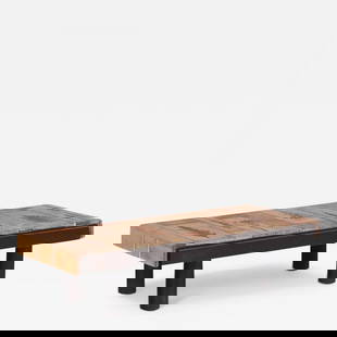 Roger Capron, Mid-Century, Tile, Stained Wood, Low Coffee Table, France, 1970s: Description: Roger Capron, French Mid-Century Modern, Floral Tiles, Stained Wood, Low Coffee Table, France, 1970s French modernist rectangular waterfall coffee or cocktail table designed by Roger Capr