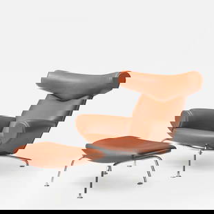 Danish Mid-Century Modern Ox Lounge Chair and Ottoman by Hans Wegner, J&#248;rgensen: Description: Danish Mid-Century Modern Ox Lounge Chair and Ottoman by Hans Wegner, J&#248;rgensen Hans J. Wegner 'Ox-chair' model AP-46. Lounge chair and ottoman with tubular steel frame. Hans Wegner