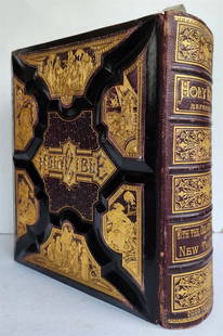 1884 BIBLE in ENGLISH ANTIQUE VICTORIAN MASSIVE FOLIO GUSTAVE DORE ILLUSTRATED: New York; [1884] illustrated in color and b/w, including many engravings by Gustave Dore Massive thick folio. Size 10 by 11 1/3 inches Thickness 4 1/4 inches Original decorative binding, gilt edges,