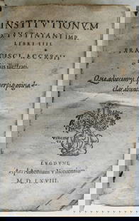1568 LAW BOOK Institutes of Emperor Justinian w/commentaries by Francois Accurse: Accurse (Accursius Franciscus) Institutionum D. Justiniani imp. Libri IIII. Francisci Accursii glosis illustrati, Qu¾ adiecimus Sequenti pagina declar abuntur Lyon, at Antonium Vincentium, 1568, 16