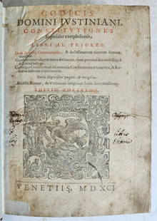 1591 LAW BOOK in LATIN Codicis Domini Iustiniani antique 16th CENTURY: Codicis Domini Iustiniani, Constitutiones imperiales complectentis Venice; 1591 Woodcut vignette on the title page with titles in red and black, text in red and black with engraved initials,