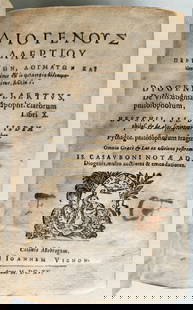 1615 LIVES of GREEK PHILOSOPHERS by Diogenes Laertius antique VELLUM BOUND: Diogenes Laertius De vitis, dogmat. & apopht. clarorum philosophorum, libri X. Coloniae Allobrogum: apud Ioannem Vignon, 1615 Size 4 1/2 by 6 3/4 inches Full limp vellum binding with manuscript title
