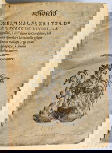 1541 JEWISH WARS by JOSEPHUS FLAVIUS antique VELLUM BOUND 16th CENTURY Italian: Josephus Flavius Giosefo nel qual si tratta de le guerre de Giudei. Venice: Vittore e Pietro Ravani; [1541] Printer's mark on the title page and at the colophon, woodcut initials Small burn damage to