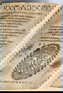 1557 LIFE GESTURES COSTUMES SPEECHES of EMPEROR MARCUS AURELIUS antique VELLUM: GUEVARA, Antonio de. Vita, gesti, costumi, discorsi, lettere di Marco Aurelio Imperatore. (Life, gestures, costumes, speeches, letters of Emperor Marcus Aurelius) Venice: Padovano, 1557 Printer's