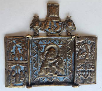19h CENTURY RUSSIAN ORTHODOX BRONZE ICON TRIPTYCH antique MOTHER OF GOD: Size in open condition 3 by 7 3/4" With traces of enamel Reserve: $201.00 Shipping: Domestic: Flat-rate of $25.00 to anywhere within the contiguous U.S. International: Foreign shipping rates are deter