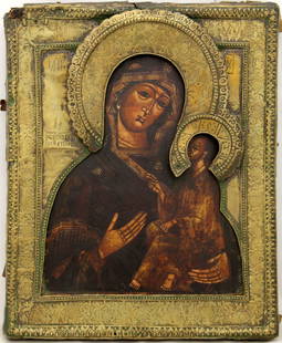 Our Lady Hodegetria-Eleusa of Tichvin: Russian wooden icon Our Lady Hodegetria-Eleusa of Tichvin with metal basma. Dimensions: 26 × 32 cm Century: 18-19 Reserve: $1,200.00 Shipping: Domestic: Flat-rate of $50.00 to anywhere within