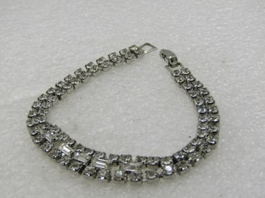 Vintage Rhinestone Double Strand Bracelet with Baguettes, 7.25"