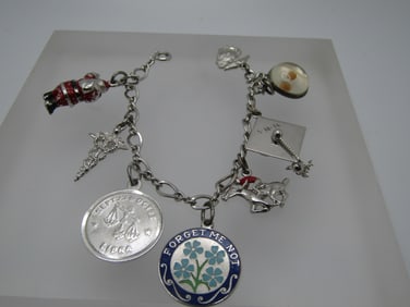 Vintage Sterling Charm Bracelet , 8 Charms, 6", 1970's