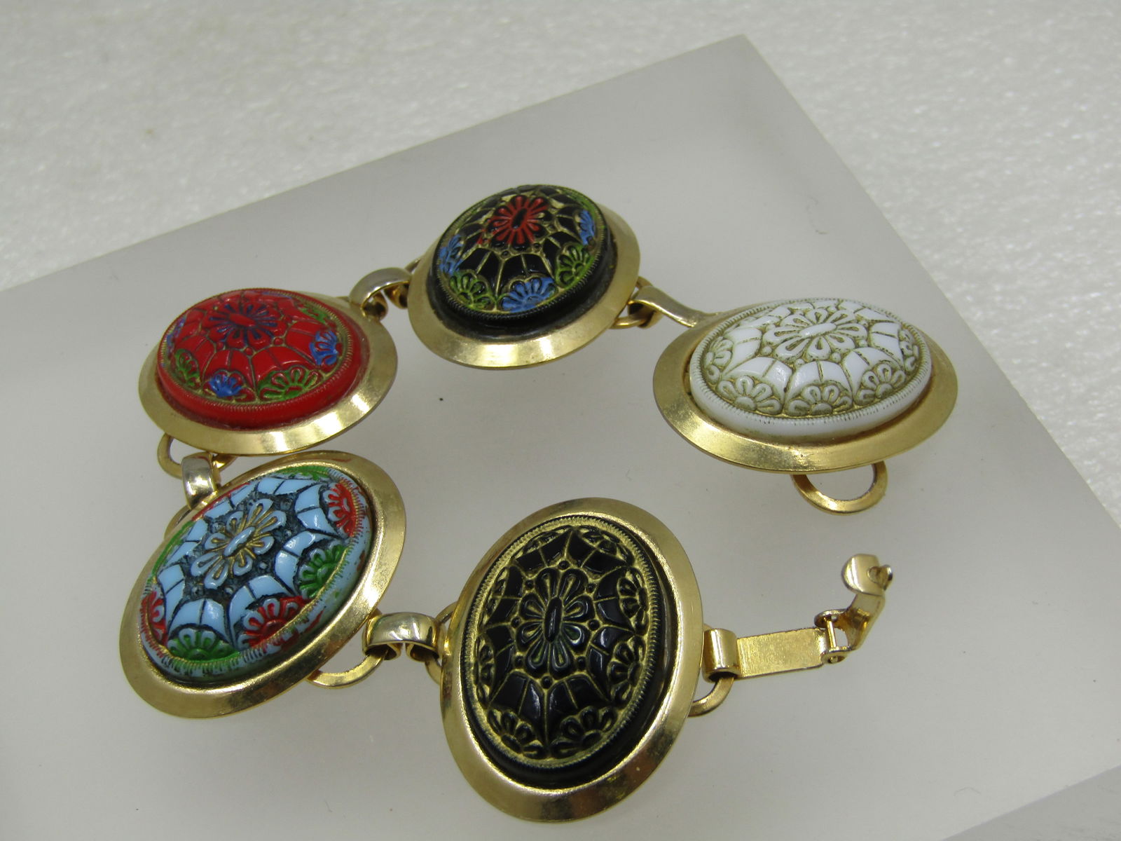 Vintage Stamped Multi-Colored Floral Linked Bracelet, 6.5", 1960's-1970's (1 of 6)