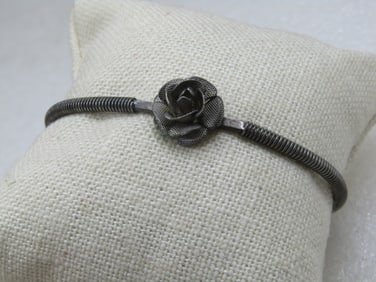 Vintage Silver Tone Rose Blossom Cuff Bracelet 6"