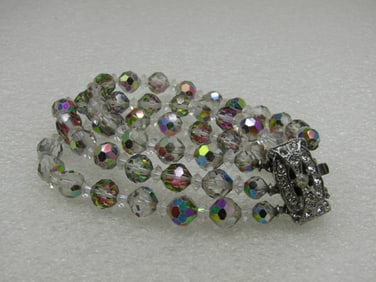 Vintage Aurora Borealis Crystal Bracelet, Triple Strand, 7.5"