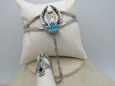 Vintage Enameled & Turquoise Chip Biker Bracelet with Attached Ring, 7" and Sz. 4.5